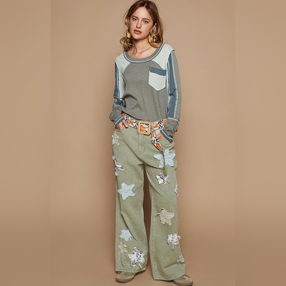 🌞#527 POL Twill Wide Leg Pants with Star Patch Detail - Picture 1 of 4